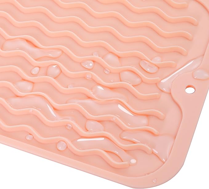 Silicone Dish Drying Mat for Multiple Usage,Easy clean,Eco-friendly,Heat-resistant Silicone Mat for Kitchen Counter,Sink,Bar,Bottle,or Cup Pink M 17 inches x 6 inches
