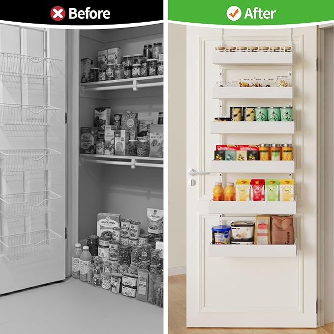 Over The Door Pantry Organizer, 6-Tier Pantry Organization and Storage, Hanging Spice Rack, Pantry Door Organization for Home Office Laundry Room Bathroom, White