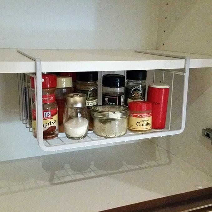 Modern Home Under Shelf Wire Storage Baskets – Hanging Organizer Rack for Cabinet, Pantry, or Closet – White Metal Basket for Kitchen, Towels, or Office – No Tools Required (Set of 4 10.25")