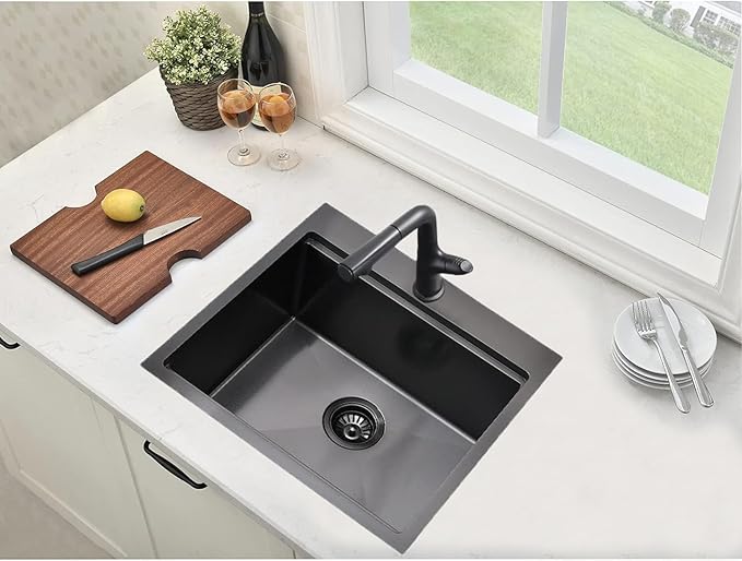 21x20 Inch Black Kitchen Sink, Drop In Bar Sink Black, Stainless Steel Square Small Topmount Workstation Sinks, Single Bowl Kitchen Sinks for Laundry Office Wet Bar Prep RV Outdoor Yard