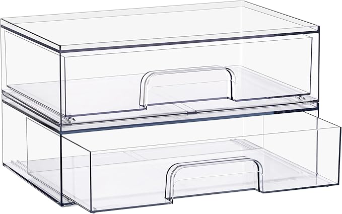 Sorbus Wide Stackable Acrylic Storage Drawers, 2 Pack Clear Plastic Organizer Bins for Baby Bottles, Makeup, Bathroom, Vanity & Countertop Organization, Pull-Out Drawer Design for Cabinets & Pantry