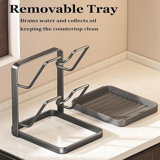 POCONT Kitchen Pot Lid Storage Rack, Carbon Steel Pot Lid Holder with Spoon Rest While Cooking, Multifunctional Kitchen Organizer Stand for Counter Top with Removable Drip Tray