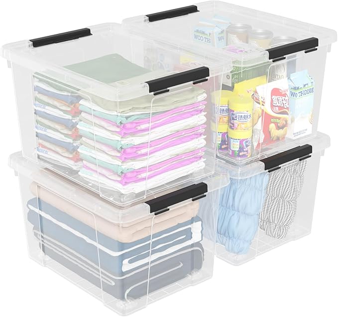 50 Quart Clear Storage Latching Bin with Lid, Large Plastic Storage Box with Wheels, 4 Packs