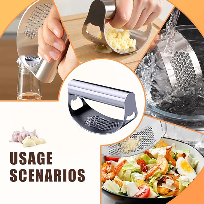 2026 New Heavy Duty Stainless Steel Garlic Press - Garlic Crusher Tool with Peeler and Cleaning Brush, Essential Kitchen Gadgets for Garlic Lovers (1 set)