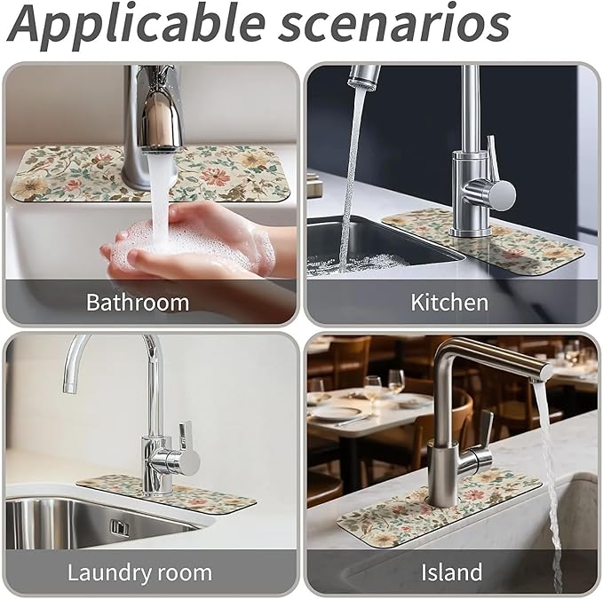 Kitchen Sink Splash Guard,Charming flowers Faucet Mat Sink Gadgets-Super Absorbent Fast Drying Mat Drip Catcher for Kitchen, Bathroom,Sink Mat, Dish Drying Mat, Bathroom(15" X 5.5" )