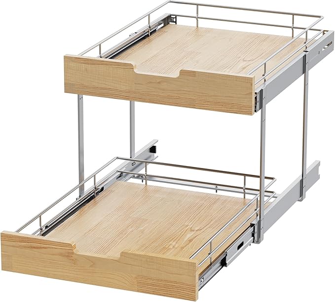 Sikarou Pull Out Cabinet Organizer,Heavy-Duty Slide Out Shelf, Wood and Wire Basket, Pull Out Drawer for for Kitchen Under Sink Space, Pantry, Bathroom, 2 Tie 20 * 21 in