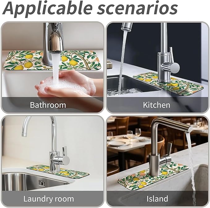 Kitchen Sink Splash Guard,Lemon-tree Faucet Mat Sink Gadgets-Super Absorbent Fast Drying Mat Drip Catcher for Kitchen, Bathroom,Sink Mat, Dish Drying Mat, Bathroom(15" X 5.5" )