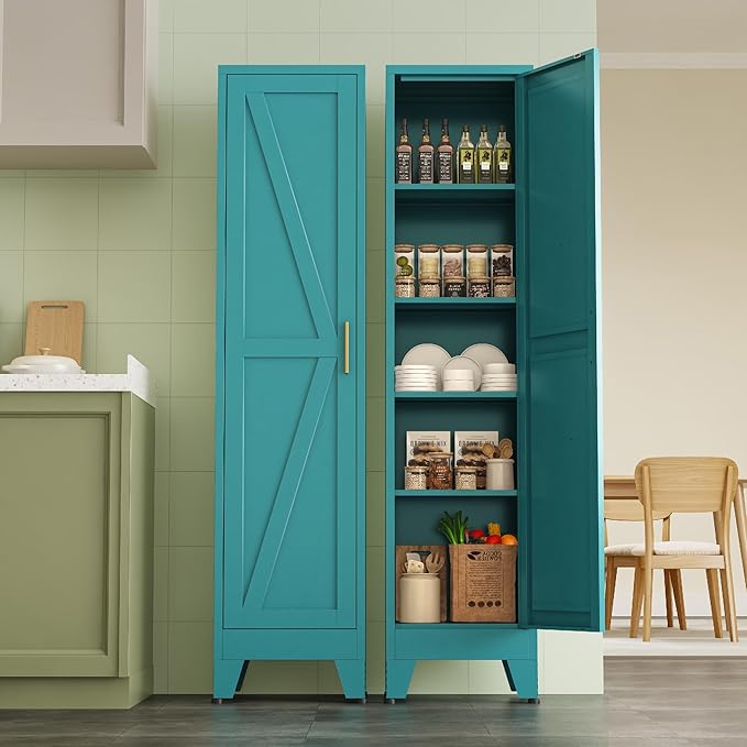 YAUWOH Narrow Metal Cabinet with 4 Adjustable Shelves and Barn Doors,Tall Bathroom Storage Cabinet, Metal Pantry Organizer for Kitchen,Home Office, Dining Room,Blue