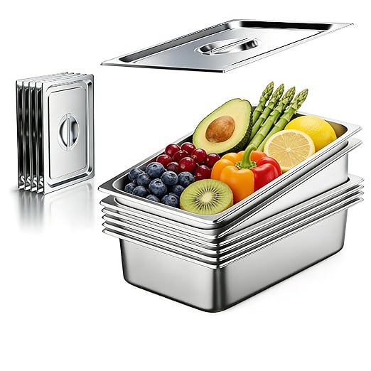 Dyna-Living 6 Pack Hotel Pans Full Size, 6 Inch Deep Stainless Steel Steam Table Pan with Lids Anti Jam Stackable Commercial Food Pans for Buffet Hotel Home Restaurant Party Catering Supplies