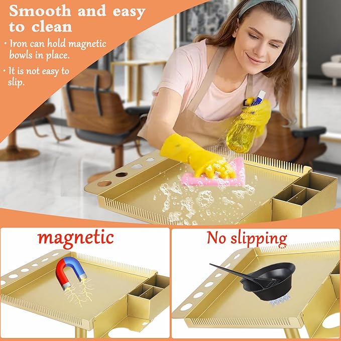 Multi-Function Salon Tray,Extension Hair Cart,Hairstylist Rolling Cart with Storage Platform and Hair Separator Stand,Gold