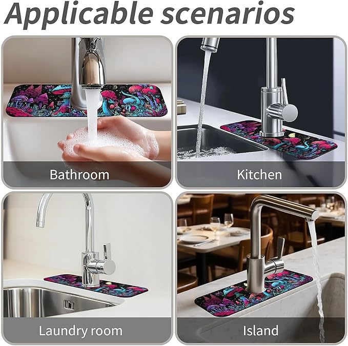 Kitchen Sink Splash Guard,Magical mushrooms plants Faucet Mat Sink Gadgets-Super Absorbent Fast Drying Mat Drip Catcher for Kitchen, Bathroom,Sink Mat, Dish Drying Mat, Bathroom(15" X 5.5" )