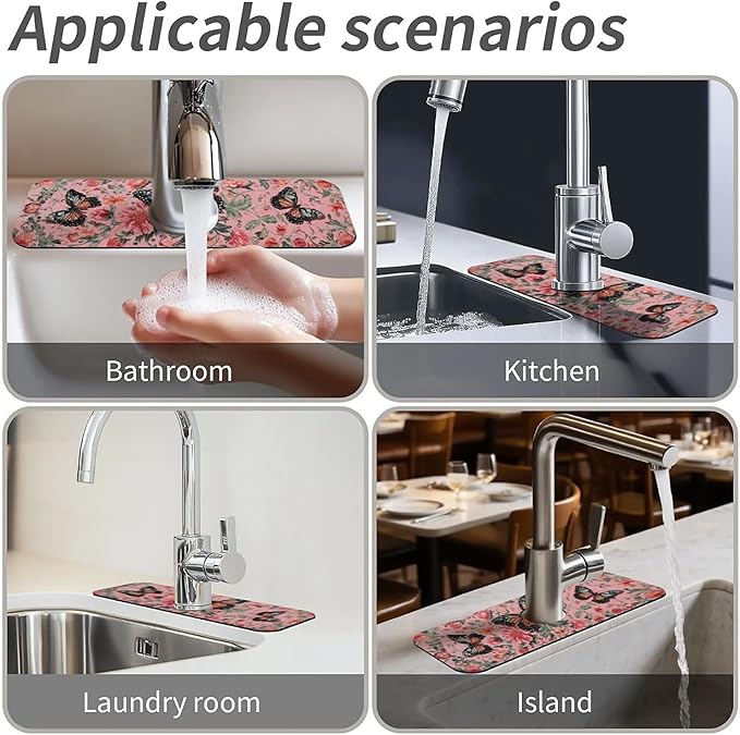 Kitchen Sink Splash Guard,Pink butterfly flower Faucet Mat Sink Gadgets-Super Absorbent Fast Drying Mat Drip Catcher for Kitchen, Bathroom,Sink Mat, Dish Drying Mat, Bathroom(15" X 5.5" )