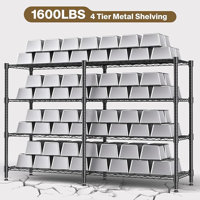 Himimi 4-Tier Metal Shelving - 1600LBS Capacity, Adjustable Heavy Duty Wire Unit with Leveling Feet for Kitchen, Garage, Pantry, Laundry, 72" W x 18" D x 60" H, Black