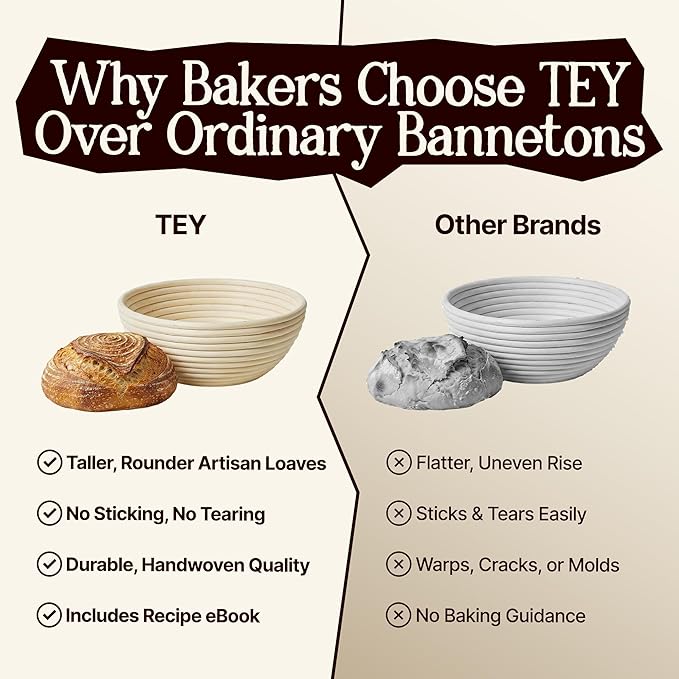 TEY 9'' Banneton Bread Proofing Basket Set – Natural Rattan Banneton with Linen Liner, Baking Tools & Accessories, Digital Recipe eBook, Artisan Sourdough Starter Kit, Homemade Bread Baking Gift Set
