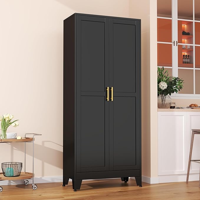 Metal Pantry Cabinet with 2 Doors and Adjustable Shelves - 71" Kitchen Storage Cabinet with Gold Handles - Versatile Storage for Kitchen, Bathroom, Dining Room, Utility Room - Black
