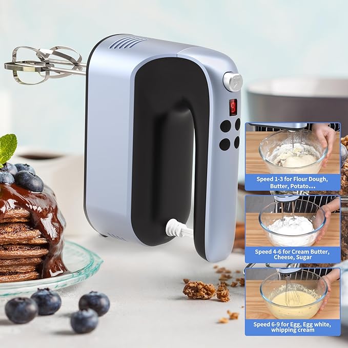 Yomelo 9-Speed Digital Hand Mixer Electric, 400W Powerful DC Motor, Hand Mixer Electric Handheld with Snap-On Storage Case, 5 Stainless Steel Accessories, Beaters, Dough Hooks, Whisk(Ocean Blue)