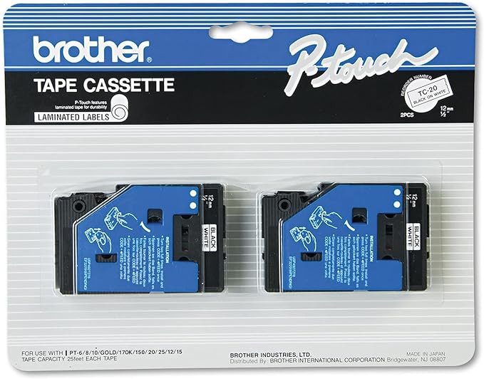 2/Pack 1/2" (12mm) White TC Tape for use in Brother PT-15, PT15 Label Maker