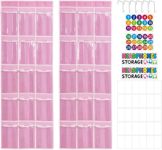 2 Pack Classroom Headphone Storage Organizer with 30 Pockets, PVC Clear Classroom Pocket Chart for Headphone Cell Phone Over-the-Door Hanging Headphone Holder Bag with 62 Labels(Pink)