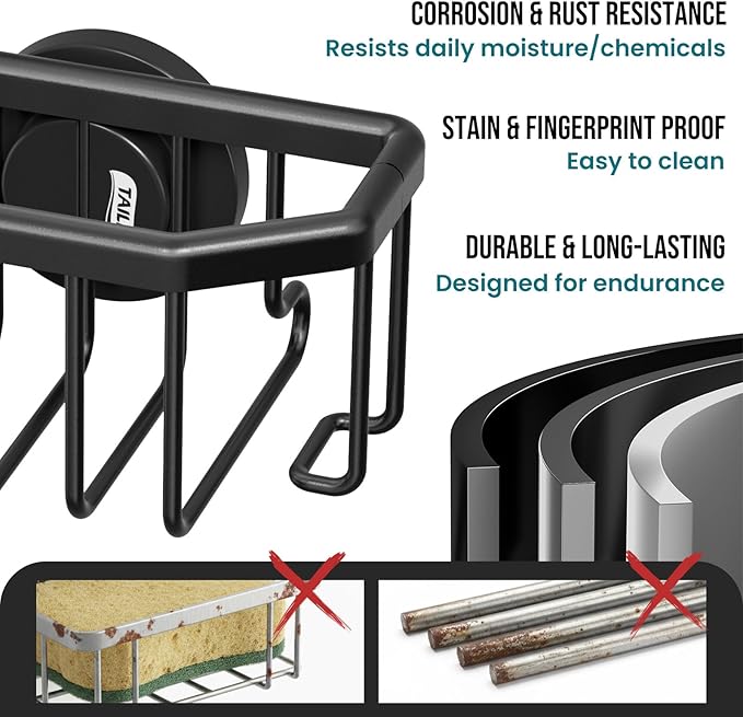 TAILI Sponge Holder with Strong Suction Cup, Dish Sponge Caddy Inside Sink Removable, Rustproof Aluminum for Sponges, Brushes, Stoppers and Scrapers - Black