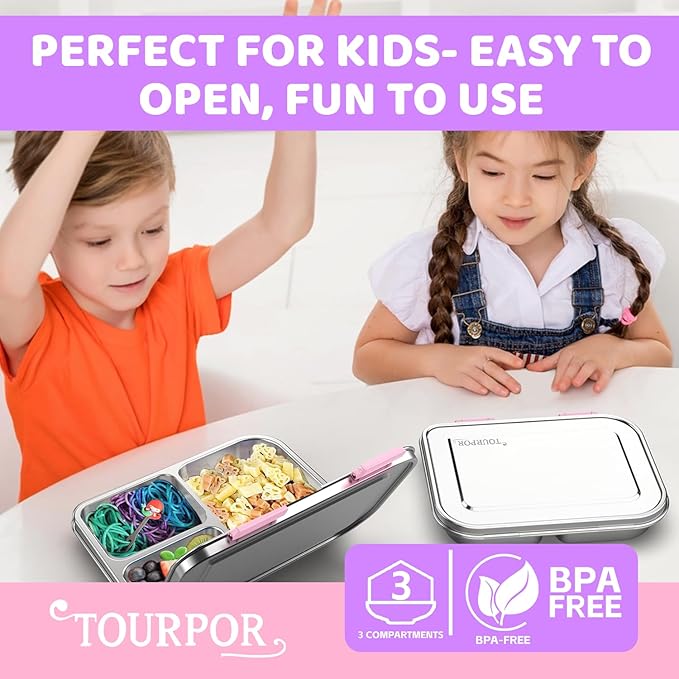 Stainless Steel Bento Box for Kids 1000ml - 3 Compartment Lunch Box for Adults, Leakproof Food Container, BPA-Free Metal Lunch Box with Silicone Seal, Eco-Friendly/Dishwasher Safe (Pink)