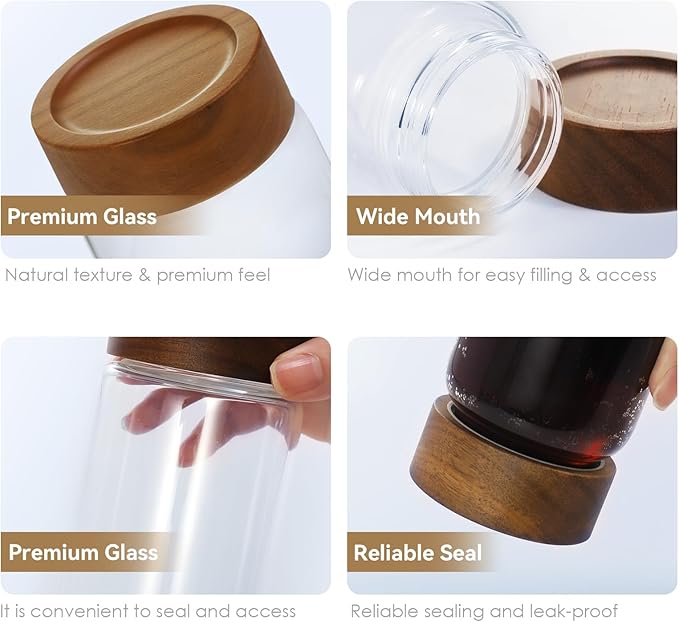 2-Piece 10 oz Food-Grade Glass Mason Jars with Sturdy Acacia Wood Lids, Sealable Waterproof, Transparent Easily Stackable for Spices, Seasonings & Snack Organizin