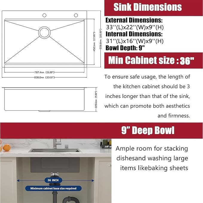 33 Inch Black Kitchen Sink Drop in - 33"x22" Topmount Ledge Workstation Sink 9 Inch Deep 16 Gauge Stainless Steel Single Bowl Sink with Accessories