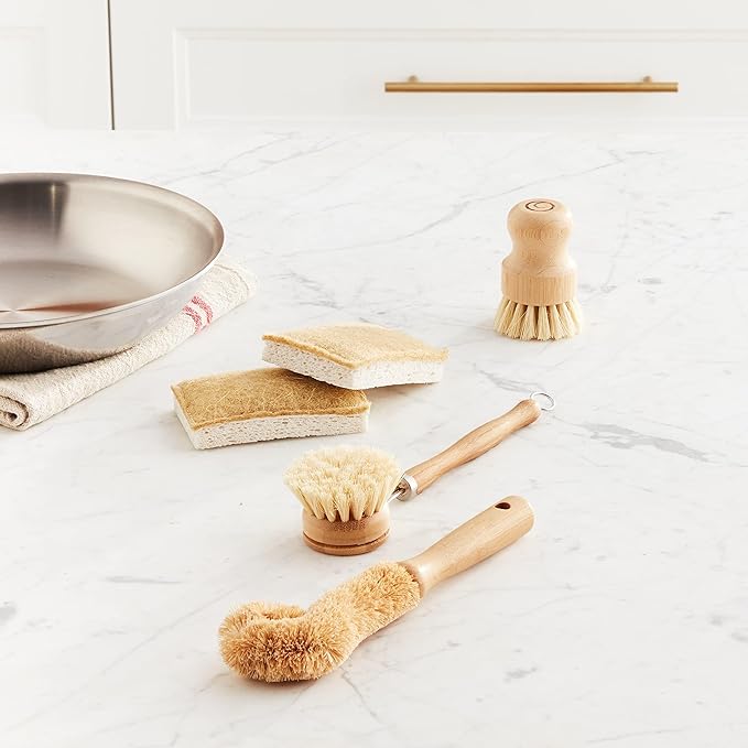 Tieralia Bamboo Dish Brush Gift Set β 5-Piece Kitchen Cleaning Bundle with Bottle Brush, Palm Brush, Scrub Brush & Sponge Pads | Elegant Wood Handles, Scratch-Safe Bristles, Giftable Packaging