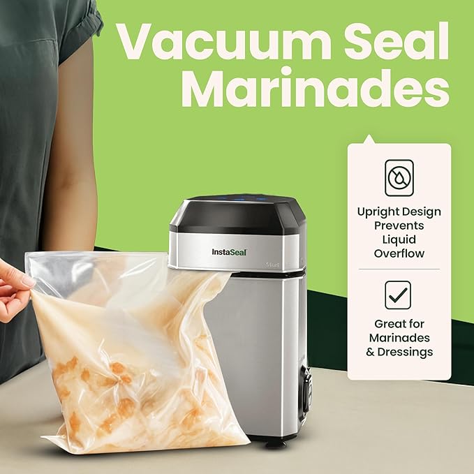 Vacuum Sealer for Food with 12 Bags, Preserves Foods 5x Longer, Space Saving Compact Upright Design Allows Machine to Seal Marinades, Soups, Meats for Sous Vide Cooking, Vegetables
