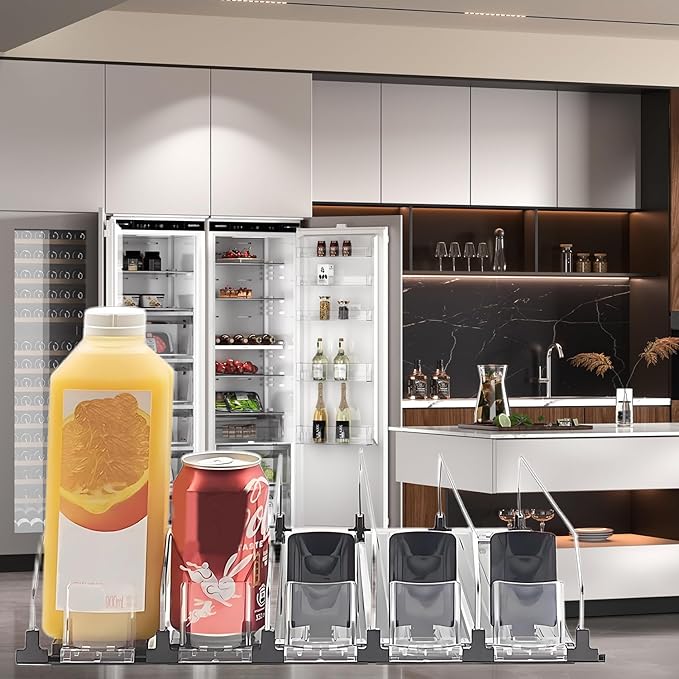 Drink Organizer for Fridge, 18.9x15.0x3.1in Soda Can Dispenser for Refrigerator, 5 Rows Adjustable Automatic Pusher Glide Drink Dispenser for Beer Beverages (Blue)