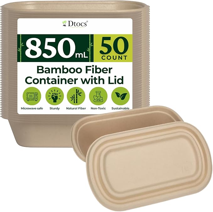 Dtocs Bamboo Fiber Meal Prep Containers with Lids 28 Oz, 50 Pcs | Bagasse Like Bamboo Disposable Container | Microwavable Lunch, Salad, To Go Meal Box | Alternative to Paper, Plastic Food Containers