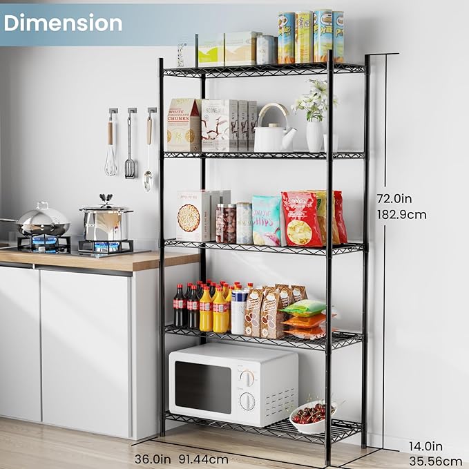 Whitmor 5-Wire Shelving Unit, Metal Storage Shelves, Durable Heavy Duty Shelf, Easy Assembly for Pantry, Kitchen, Garage, Plant 36"L x 14"W x 72"H