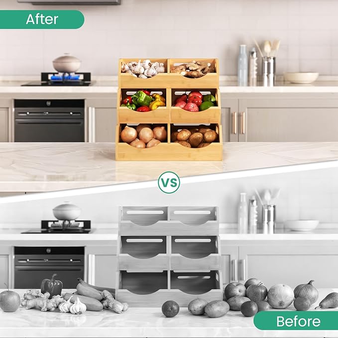 Potato Onion Storage Bins Natural Brown, 3 Tier Bamboo Pantry Storage Bin Stackable Ventilated Kitchen Organizer for Pantry, Countertop, Bathroom, Space-Saving, Easy Access Handle