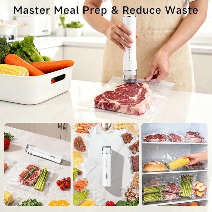 Compact Vacuum Sealer for Food (Vacuum Sealer Machine + 20 Reusable Vacuum Bags), Powerful Handheld Vacuum Sealer Machine, Seal Food 6X Fresh Longer, Portable & Wireless, Easy-Clean