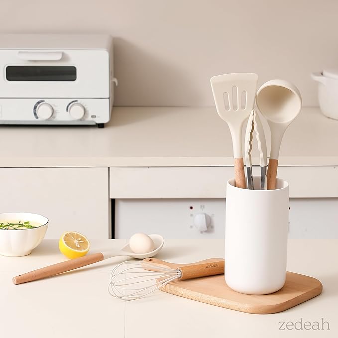 ZEDEAH 11-Piece Silicone Kitchen Utensils Set with Non Toxic Spatula, Tongs, Whisk, Turner & Ladle – Heat Resistant, Non-Scratch Cooking Tools with Wooden Handles, BPA-Free, Dishwasher Safe (Beige)