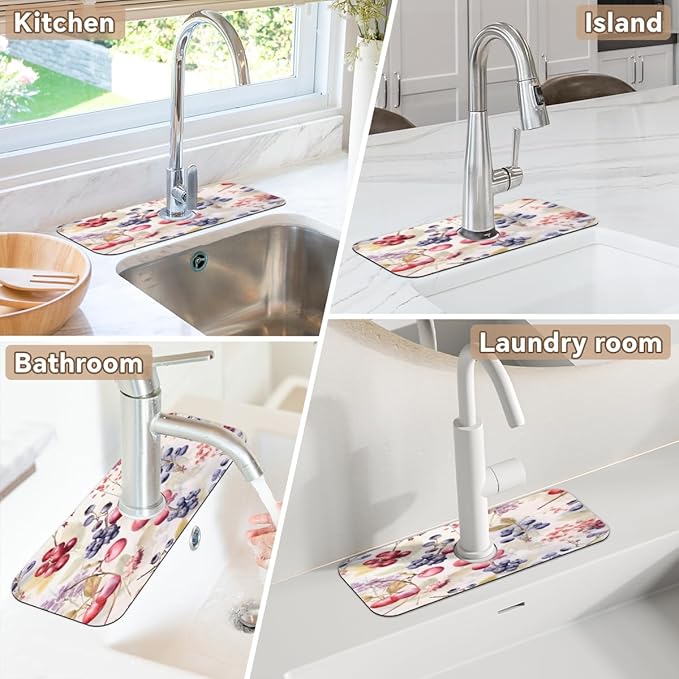 Watercolor Berry Cluster Kitchen Faucet Mat Splash Guard, 15.4”x5.7” Absorbent Quick Drying Sink Mat for Countertop Protection, Draining Mat Sink Protectors For Kitchen Bathroom, 2 Pack