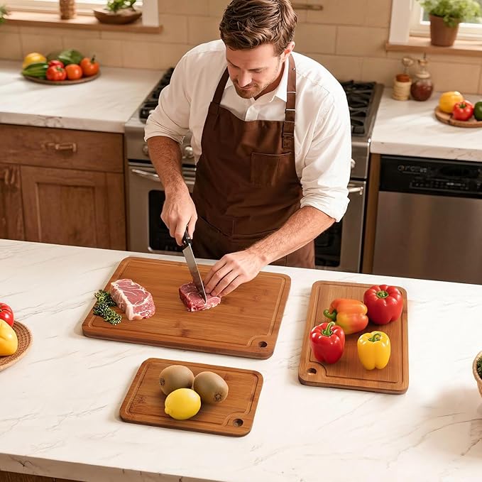 Bamboo Cutting Boards for Kitchen Set of 3, Wooden Cutting Board Non Toxic with Side Handle, HKKZYT Wood Chopping Board with Deep Juice Groove, Knife-Friendly, Kitchen Gift (Dark Color)