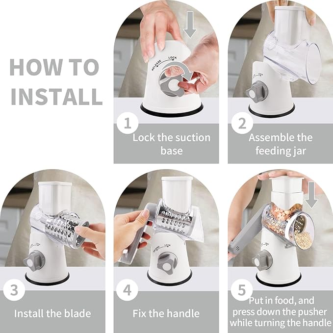 REDPANT Rotary Cheese Grater, Manual Cheese Shredder with 3 Interchangeable Blades, Cheese Grater Hand Crank with Strong Suction Base, Easy to Use and Clean, White