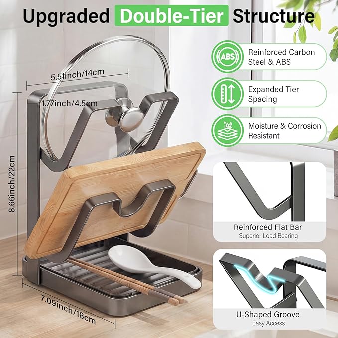 Heavy-Duty Pot Lid Organizer Rack with Removable Drip Tray – 2-in-1 Kitchen Storage for Lids & Utensils, Sturdy Countertop Lid Holder for Stove Top, Gray