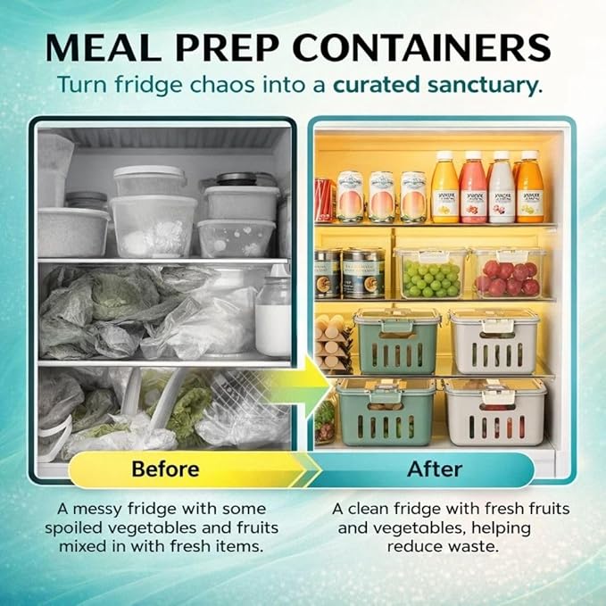Fruit Containers for Fridge Keep Fresh, 5-Pack Produce Containers for Fridge with Lids, Meal Prep Containers, Food Organizer with Removable Colander, Microwave & Dishwasher Safe (White)