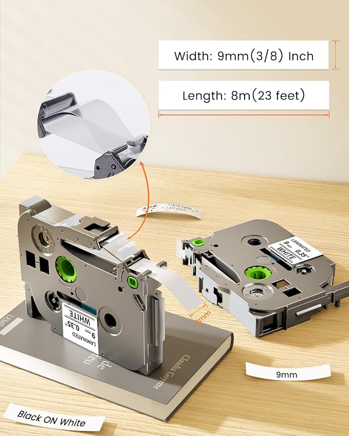 TZe-221 9mm 0.35 Laminated White Tape Replace for Brother P-Touch Label Tape 9 mm TZe Tz Black on White TZe221 AZe-221 for PT-D210 D200 1190 1750 Label Maker Refills 3/8 Inch, 6-Pack
