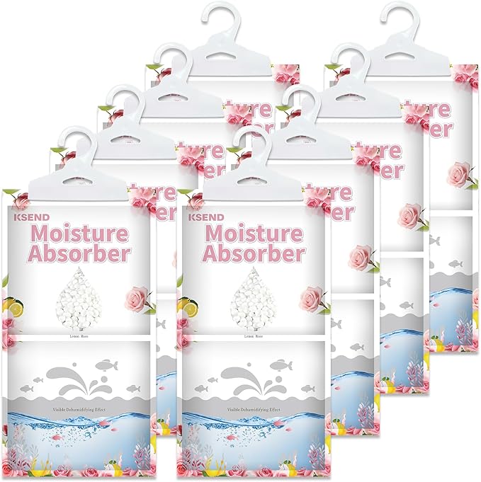 Moisture Absorbers 8 Packs - 9.8 oz Dehumidifier Bags, Portable Moisture Hanging Bags for Closet, Bathroom and Kitchen, Lemon Rose Scent, 11.8" x 6.3"