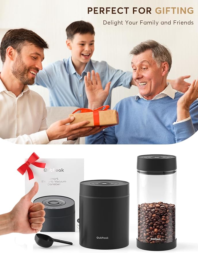 OUTPEAK Neo Latest Kilo Auto Vacuum Coffee Canister, 1.5L Capacity for 17.6oz of Coffee Beans, One-Button Operation, Stainless Steel Coffee Storage Container with Scoop (Barista Champion's Choice)