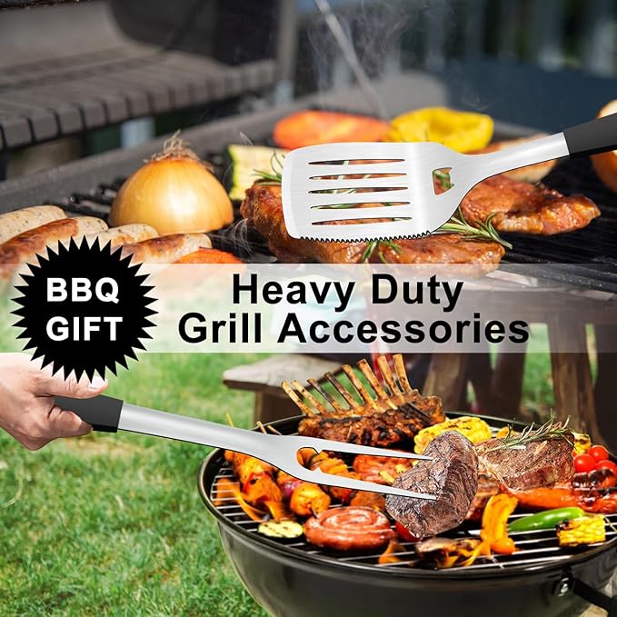 POTWIY Grill Tools BBQ Accessories Set of 2, 15.8'' Heavy Duty Stainless Steel Grill Utensils with Grill Spatula and Fork, Full Tang Silicone Handle, Outdoor Grilling Tools Barbecue Accessories