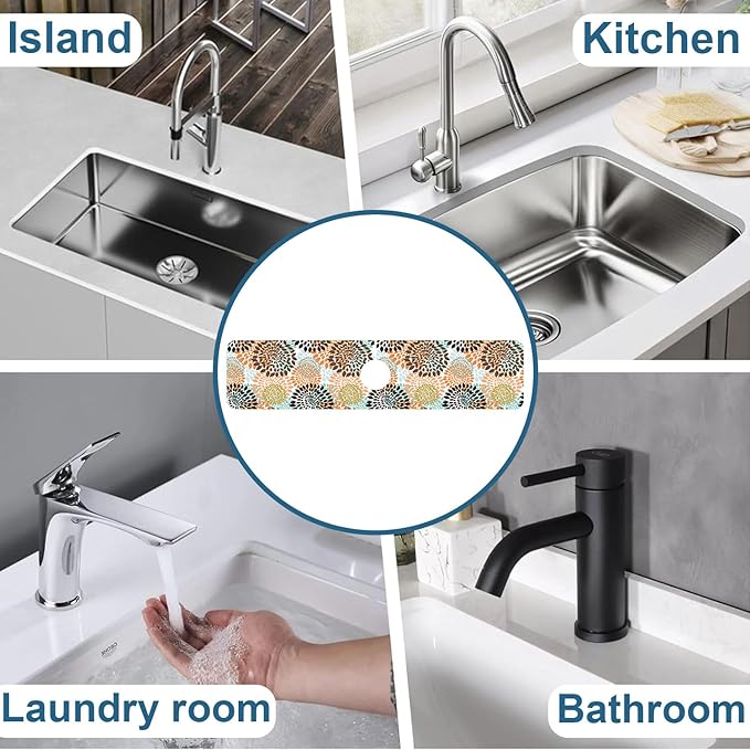 Vintage Flowers Sink Splash Guard Abstract Floral Faucet Absorbing Mat Fast Drying Mat Sink Gadgets Splash Guard Behind Faucet Drip Catcher for Kitchen Bathroom, 23.5"x5.5"