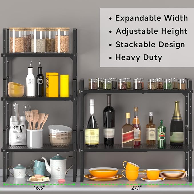 SOFRON Expandable Cabinet Storage Shelf Stackable Organizer Rack for Kitchen Bathroom Pantry Spice Cupboard Coffee Countertop Home Office Desk Heavy Duty Nonslip Black Small 2 Packs