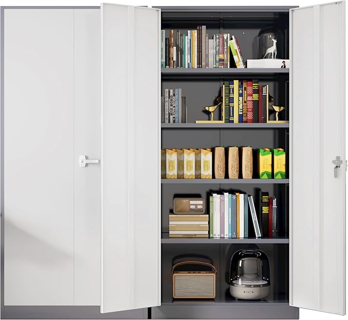 Greenvelly Metal Lockable Storage Cabinet, 72” Storage Cabinet with 2 Doors and 4 Adjustable Shelves for Office, Home, Garage, Pantry (Assembly Required, Grey White)