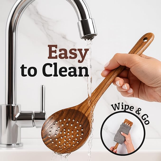 PriorityChef Wooden Skimmer Spoon – Teak Large Slotted Spoon For Cooking or Frying, with Long Handle, Nonstick Safe and Hand-Finished – Durable Wooden Strainer for Kitchen Use