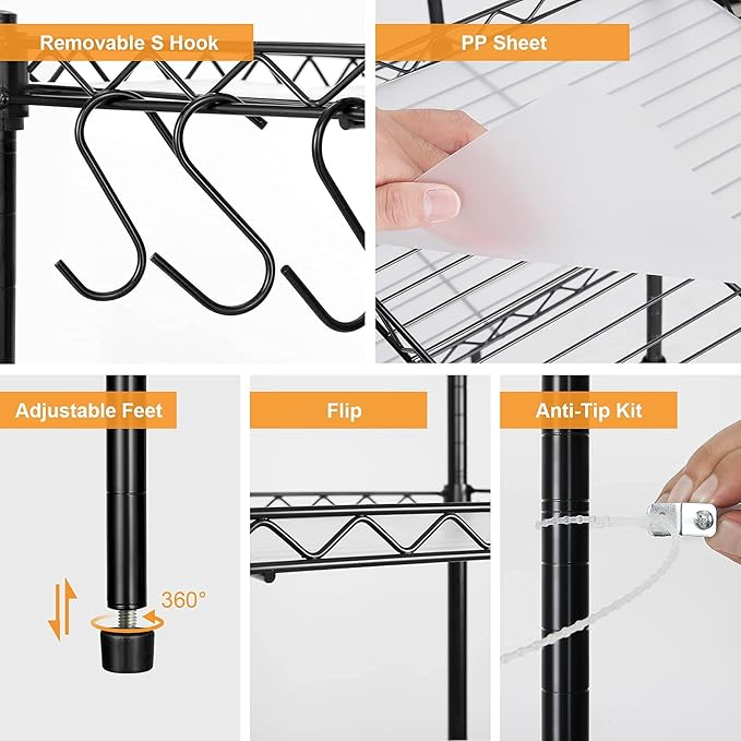 Best 6-Tier Wire Shelving - Heavy Duty Shelf - Kitchen Storage Shelves, Wire Shelving Unit with Baskets Storage Rack Corner Shelf Shelving Adjustable Storage Shelf, 11.8" D x 15.7" W x 59" H-,Black