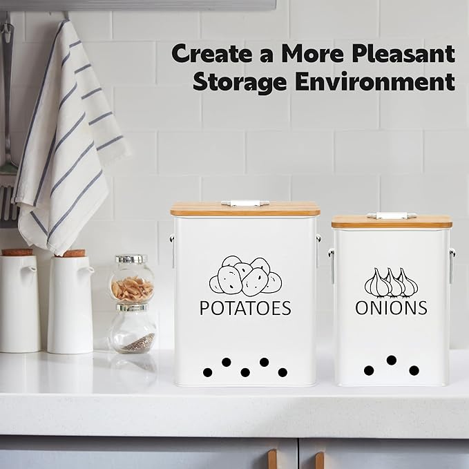 Potato and Onion Storage Bin, Set of 2 Vegetable Storage Tins with Wooden Lids & Side Handles, Dual-row Ventilation Holes, Farmhouse Metal Kitchen Canisters Sets, White