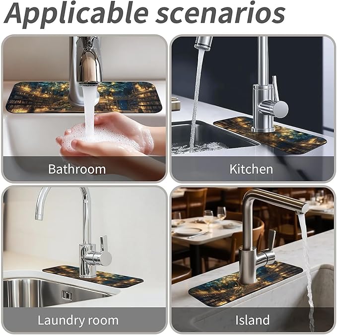 Kitchen Sink Splash Guard,Magical Library Faucet Mat Sink Gadgets-Super Absorbent Fast Drying Mat Drip Catcher for Kitchen, Bathroom,Sink Mat, Dish Drying Mat, Bathroom(15" X 5.5" )